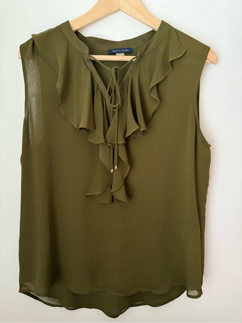 Tommy Hilfiger Tie Neck Ruffle Detail Sleeveless Blouse Olive Green Medium